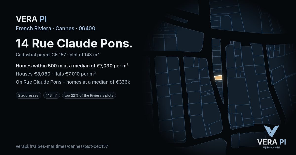 14 Rue Claude Pons, Cannes at night – the plot lit, the parcels around coloured by the prices near them