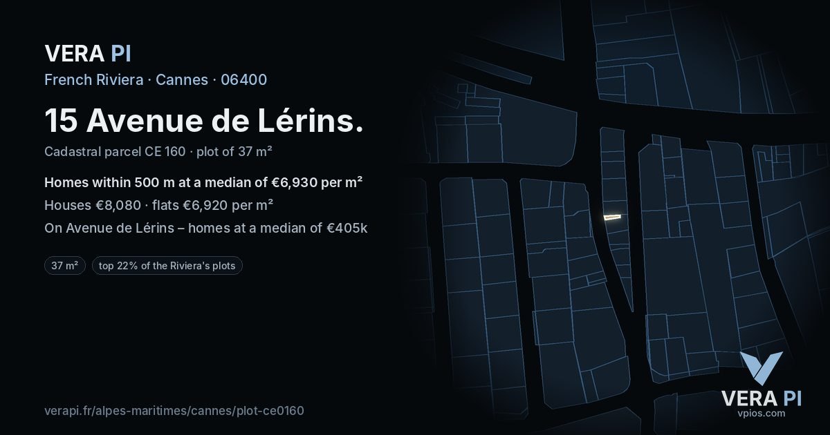 15 Avenue de Lérins, Cannes at night – the plot lit, the parcels around coloured by the prices near them