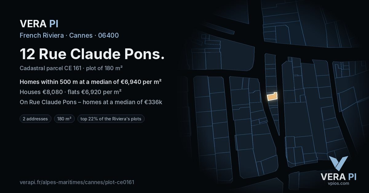 12 Rue Claude Pons, Cannes at night – the plot lit, the parcels around coloured by the prices near them