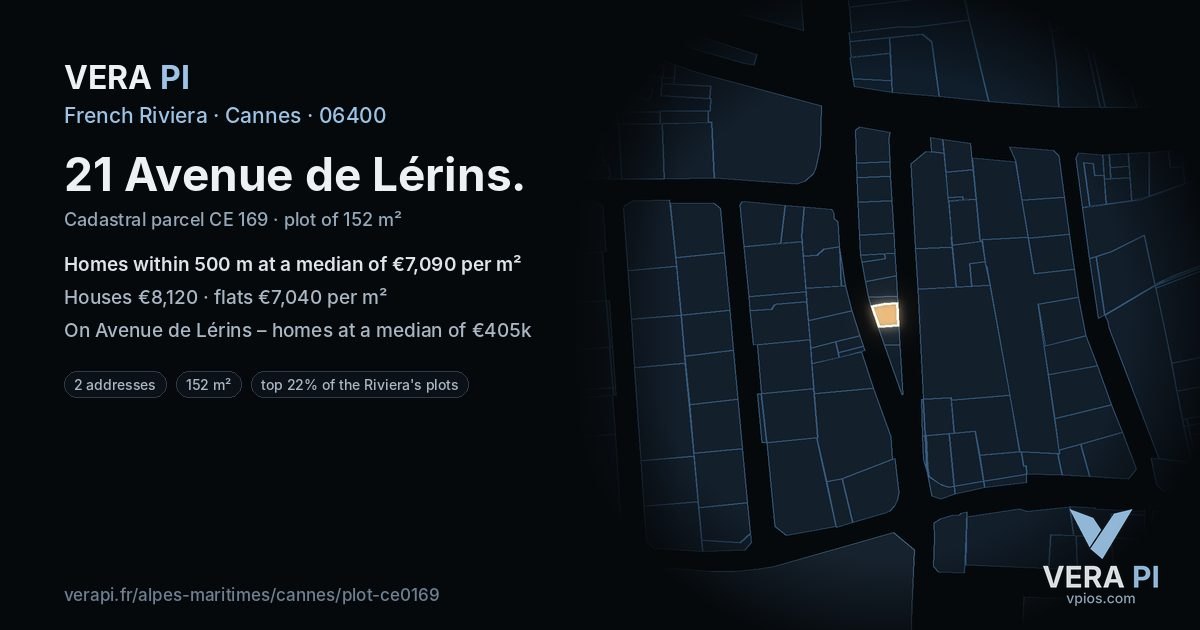 21 Avenue de Lérins, Cannes at night – the plot lit, the parcels around coloured by the prices near them
