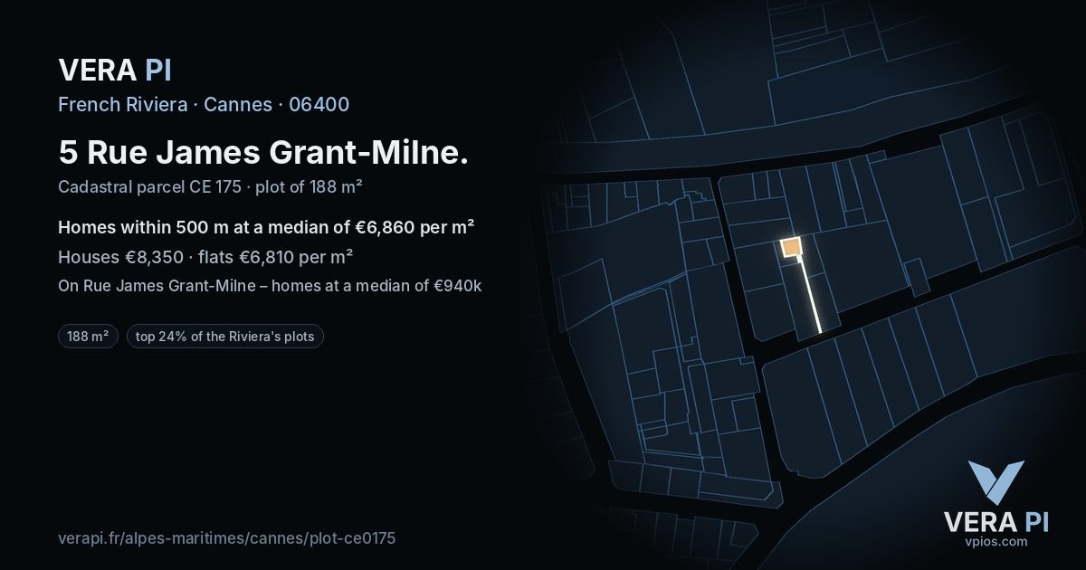 5 Rue James Grant-Milne, Cannes at night – the plot lit, the parcels around coloured by the prices near them