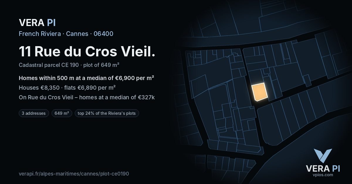 11 Rue du Cros Vieil, Cannes at night – the plot lit, the parcels around coloured by the prices near them