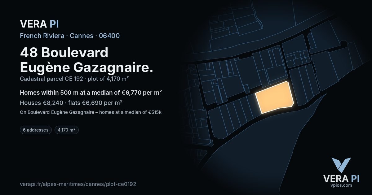 48 Boulevard Eugène Gazagnaire, Cannes at night – the plot lit, the parcels around coloured by the prices near them