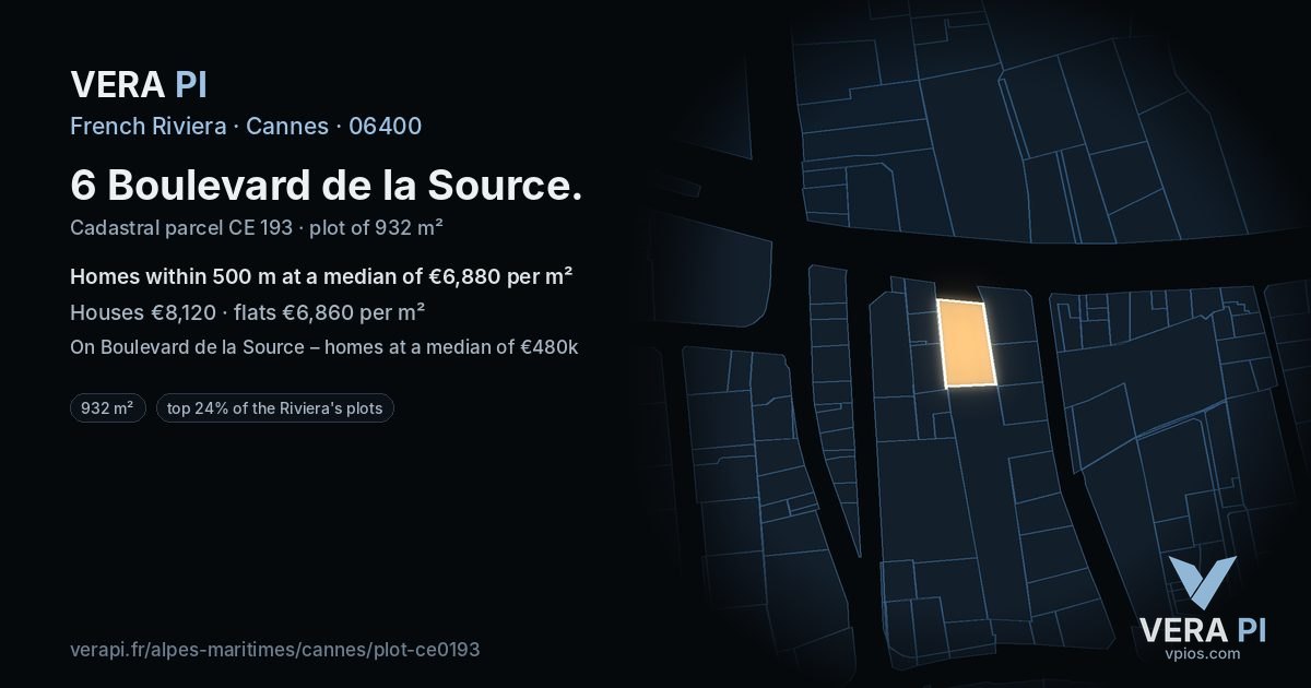 6 Boulevard de la Source, Cannes at night – the plot lit, the parcels around coloured by the prices near them