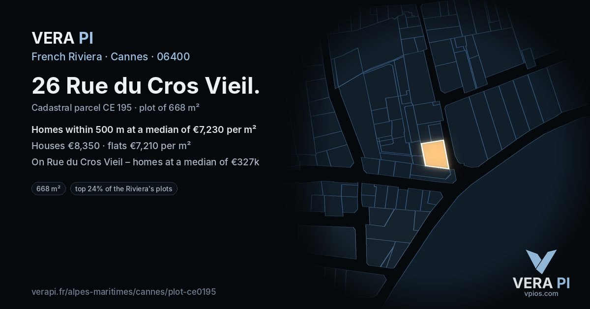 26 Rue du Cros Vieil, Cannes at night – the plot lit, the parcels around coloured by the prices near them