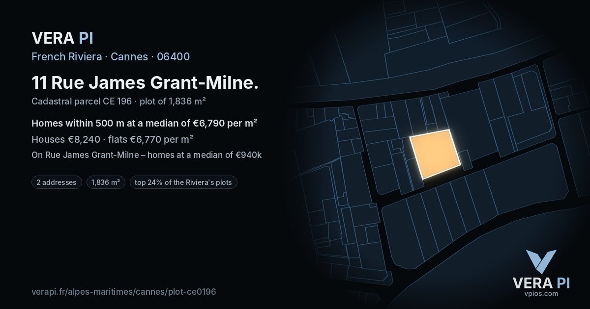 11 Rue James Grant-Milne, Cannes at night – the plot lit, the parcels around coloured by the prices near them