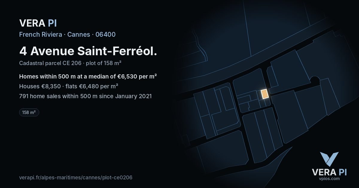 4 Avenue Saint-Ferréol, Cannes at night – the plot lit, the parcels around coloured by the prices near them