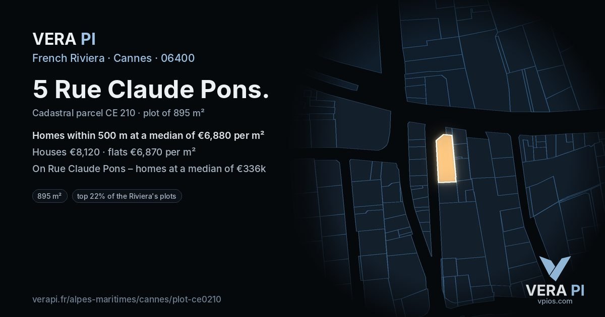 5 Rue Claude Pons, Cannes at night – the plot lit, the parcels around coloured by the prices near them