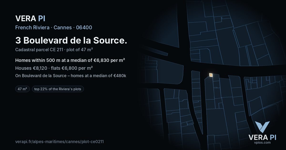 3 Boulevard de la Source, Cannes at night – the plot lit, the parcels around coloured by the prices near them
