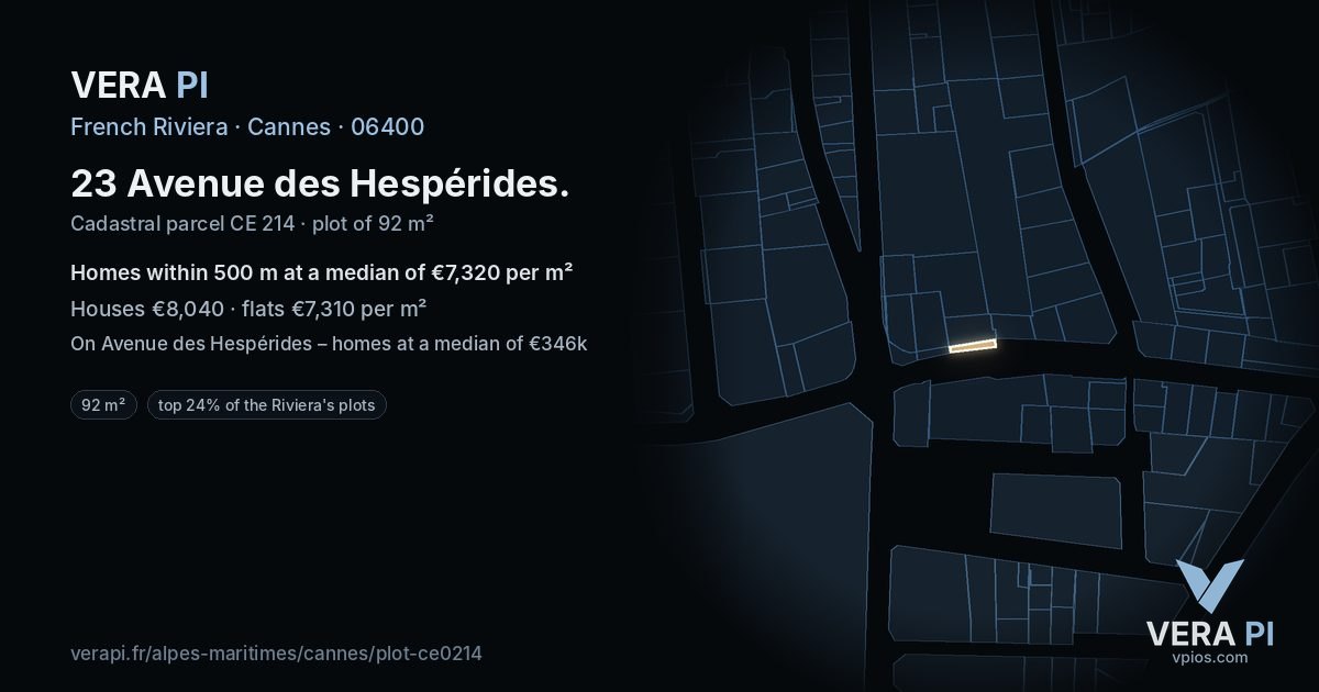 23 Avenue des Hespérides, Cannes at night – the plot lit, the parcels around coloured by the prices near them