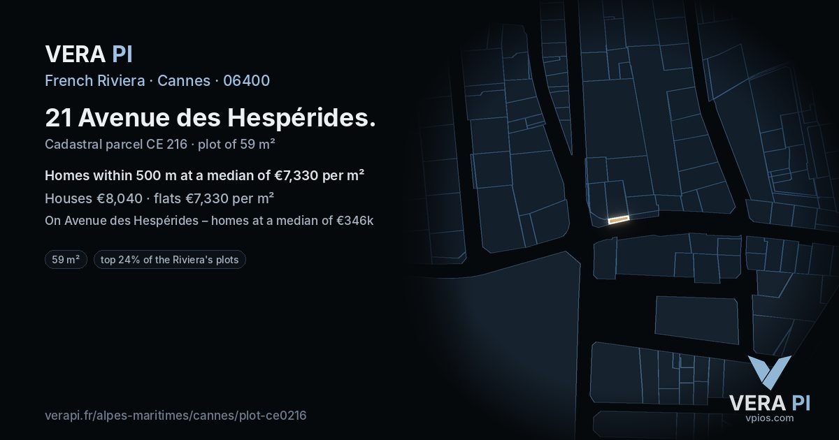 21 Avenue des Hespérides, Cannes at night – the plot lit, the parcels around coloured by the prices near them