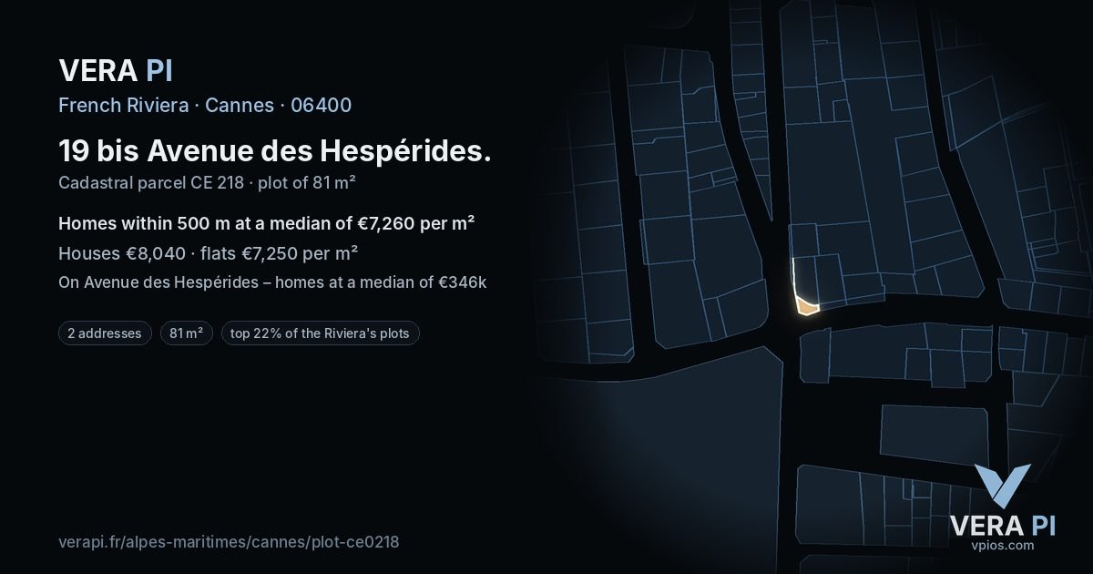 19 bis Avenue des Hespérides, Cannes at night – the plot lit, the parcels around coloured by the prices near them