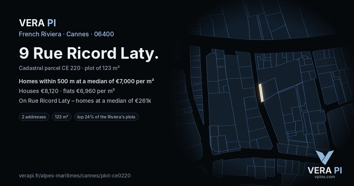 9 Rue Ricord Laty, Cannes at night – the plot lit, the parcels around coloured by the prices near them