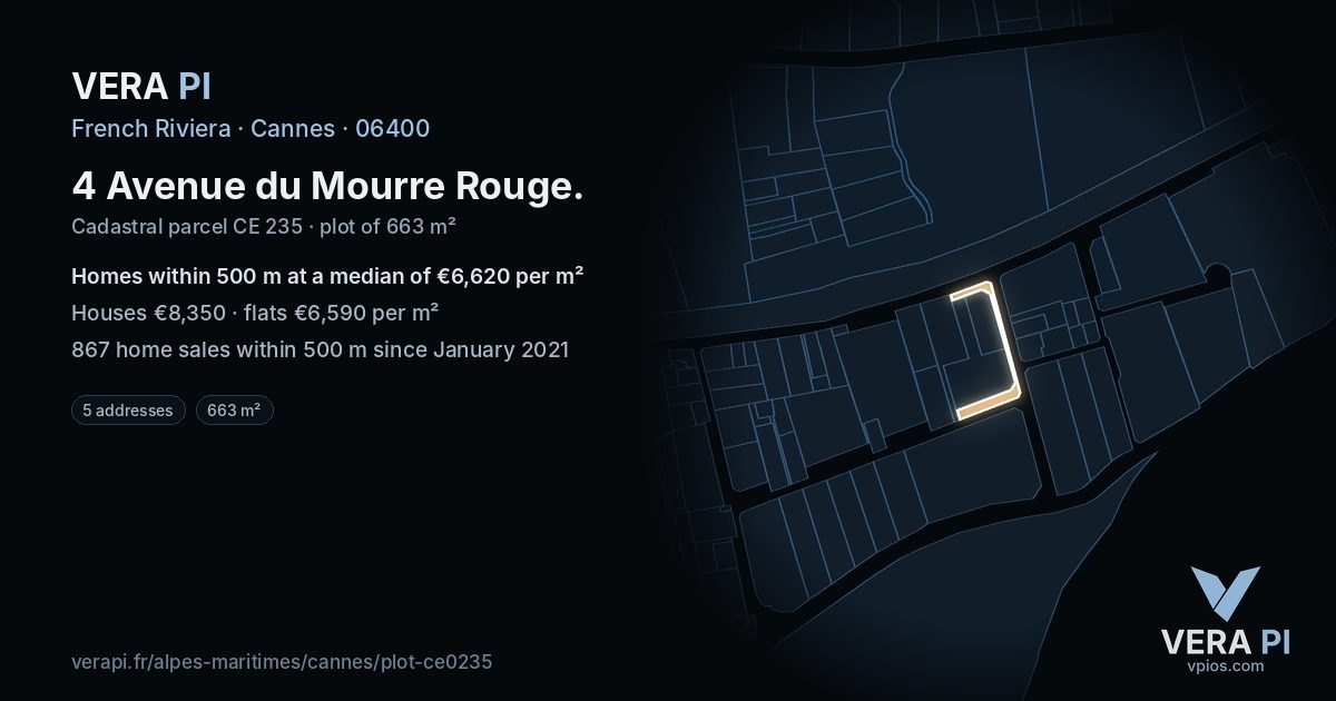 4 Avenue du Mourre Rouge, Cannes at night – the plot lit, the parcels around coloured by the prices near them