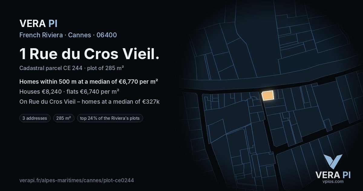 1 Rue du Cros Vieil, Cannes at night – the plot lit, the parcels around coloured by the prices near them