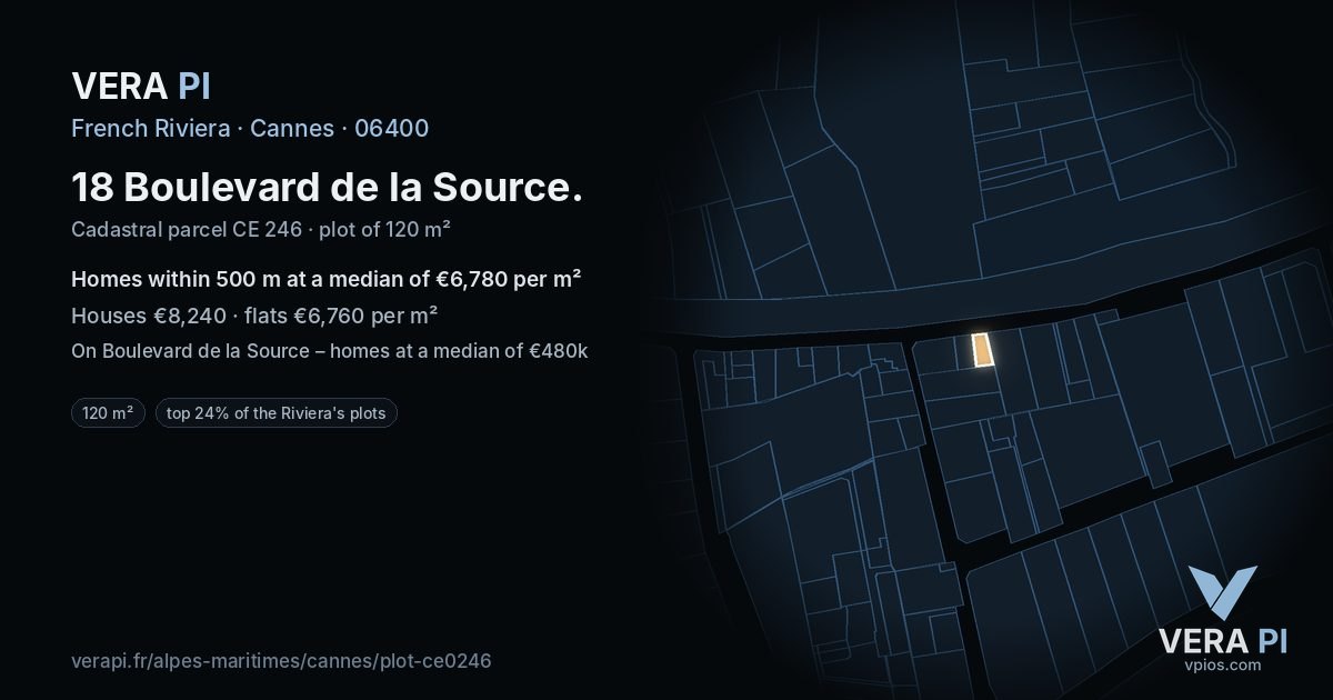 18 Boulevard de la Source, Cannes at night – the plot lit, the parcels around coloured by the prices near them