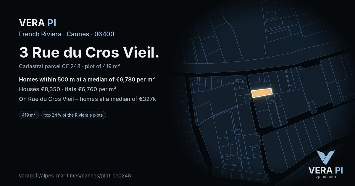 3 Rue du Cros Vieil, Cannes at night – the plot lit, the parcels around coloured by the prices near them