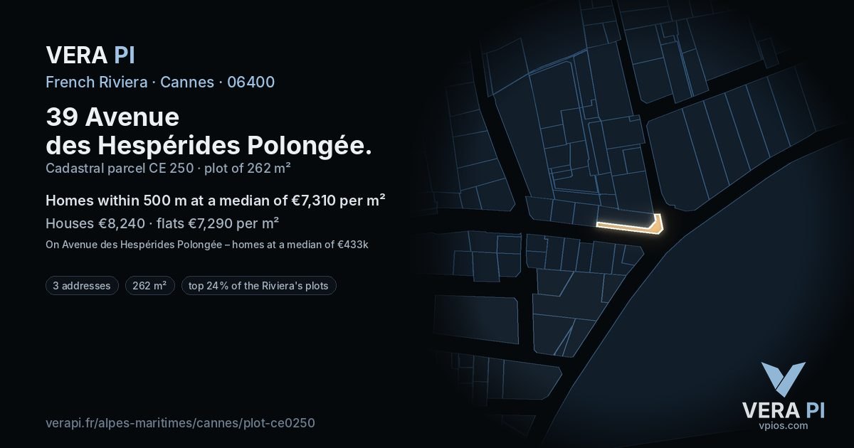 39 Avenue des Hespérides Polongée, Cannes at night – the plot lit, the parcels around coloured by the prices near them