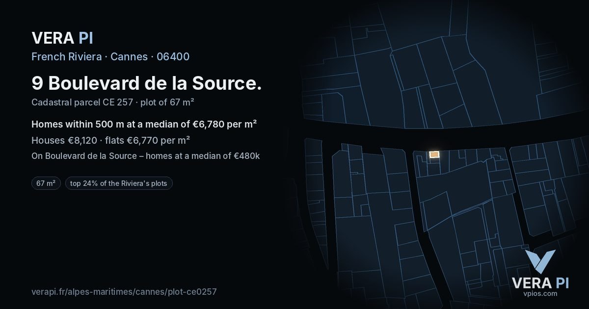9 Boulevard de la Source, Cannes at night – the plot lit, the parcels around coloured by the prices near them