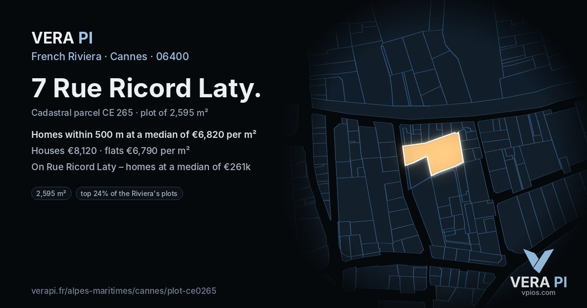 7 Rue Ricord Laty, Cannes at night – the plot lit, the parcels around coloured by the prices near them