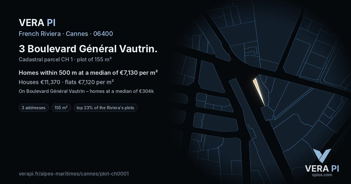 3 Boulevard Général Vautrin, Cannes at night – the plot lit, the parcels around coloured by the prices near them