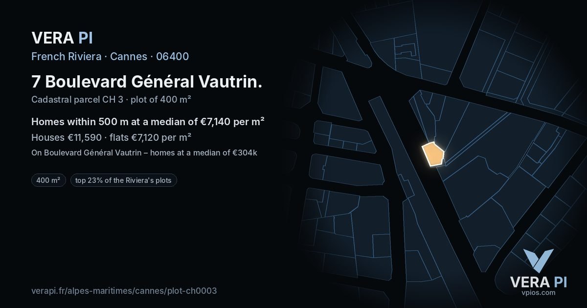 7 Boulevard Général Vautrin, Cannes at night – the plot lit, the parcels around coloured by the prices near them