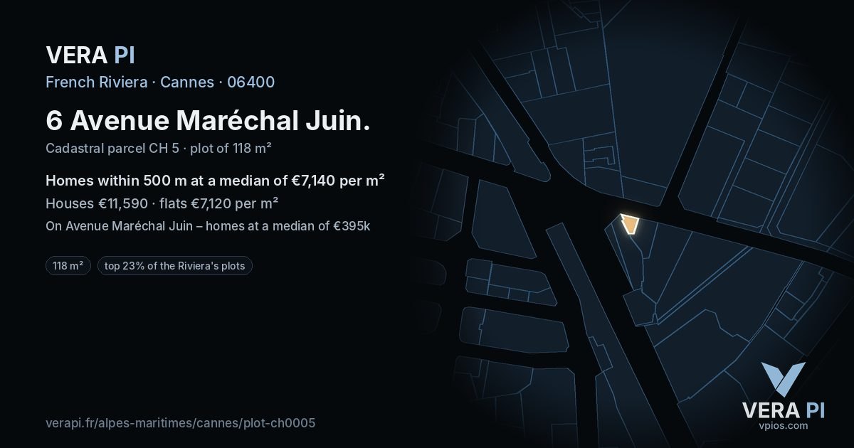 6 Avenue Maréchal Juin, Cannes at night – the plot lit, the parcels around coloured by the prices near them