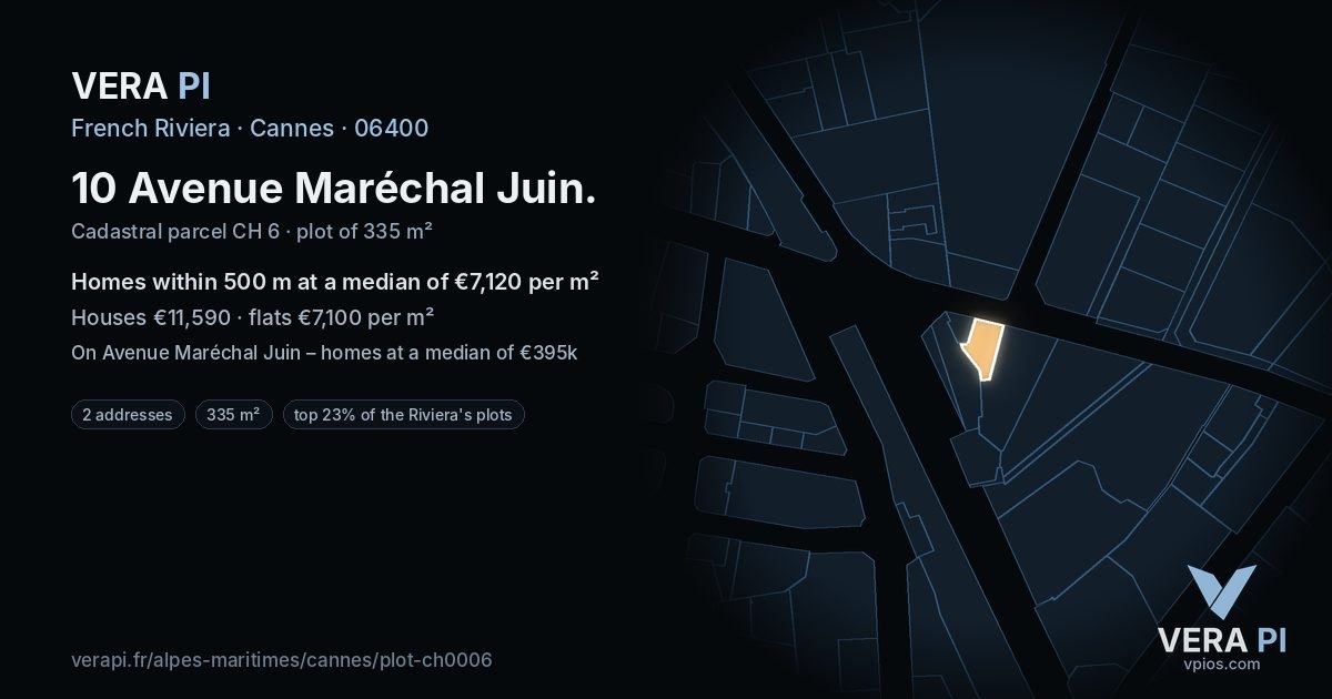 10 Avenue Maréchal Juin, Cannes at night – the plot lit, the parcels around coloured by the prices near them