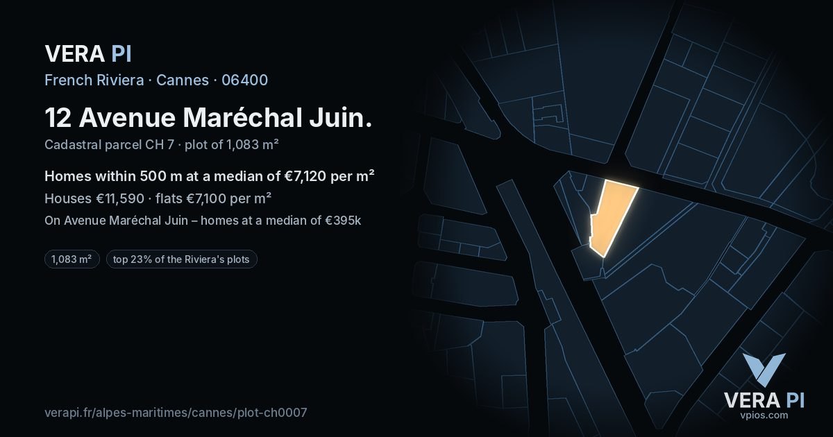 12 Avenue Maréchal Juin, Cannes at night – the plot lit, the parcels around coloured by the prices near them