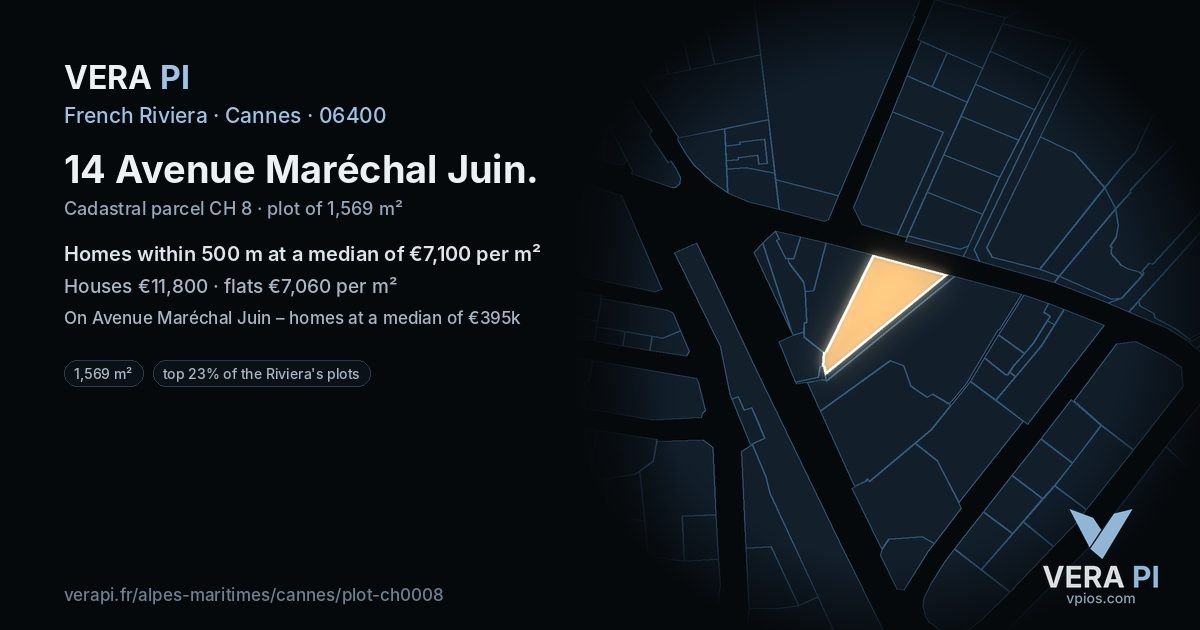 14 Avenue Maréchal Juin, Cannes at night – the plot lit, the parcels around coloured by the prices near them