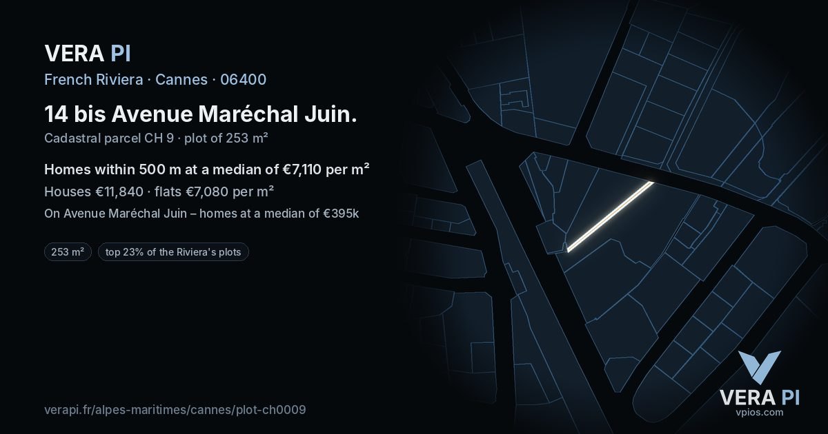 14 bis Avenue Maréchal Juin, Cannes at night – the plot lit, the parcels around coloured by the prices near them