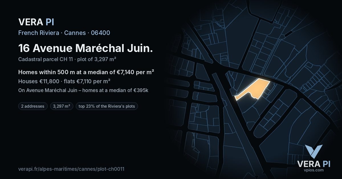 16 Avenue Maréchal Juin, Cannes at night – the plot lit, the parcels around coloured by the prices near them