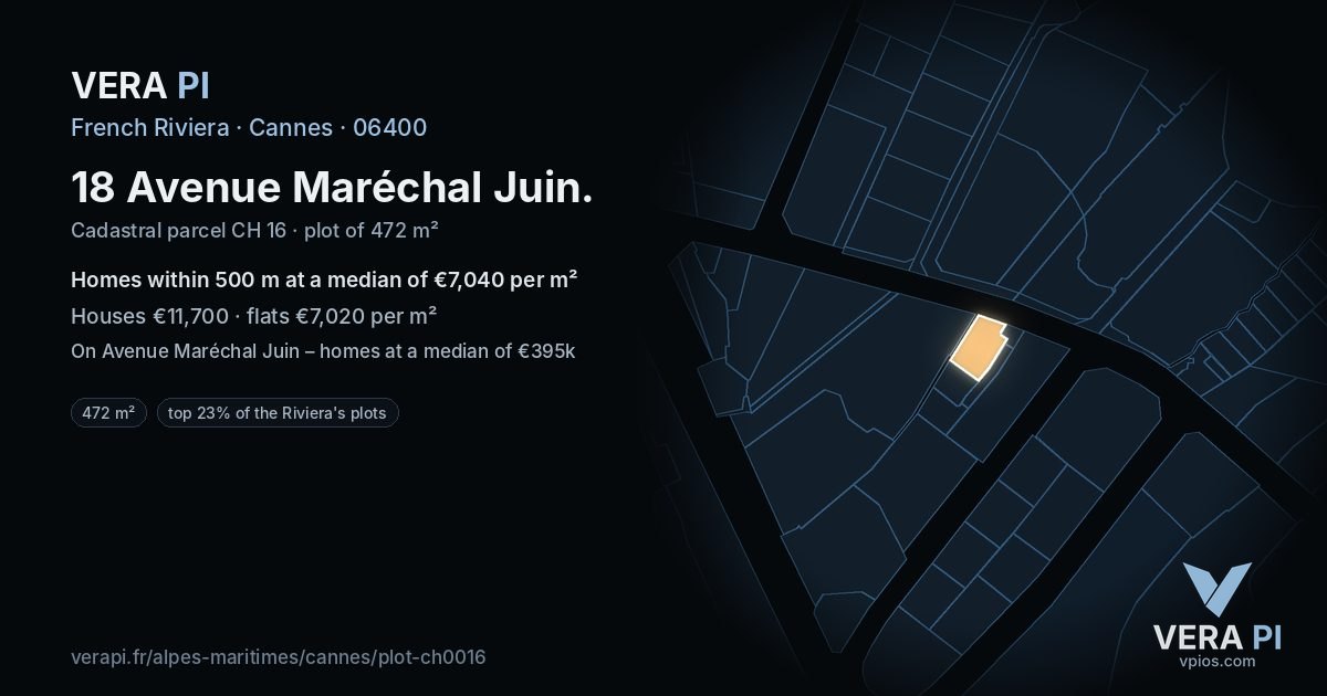 18 Avenue Maréchal Juin, Cannes at night – the plot lit, the parcels around coloured by the prices near them