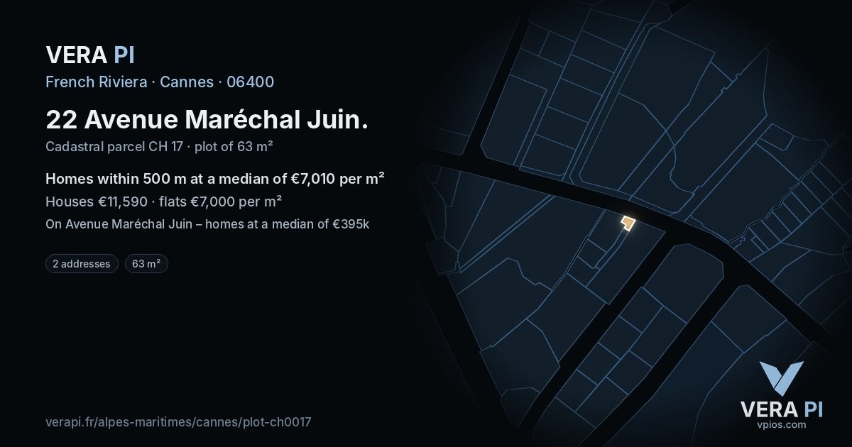 22 Avenue Maréchal Juin, Cannes at night – the plot lit, the parcels around coloured by the prices near them