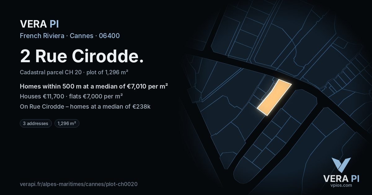 2 Rue Cirodde, Cannes at night – the plot lit, the parcels around coloured by the prices near them