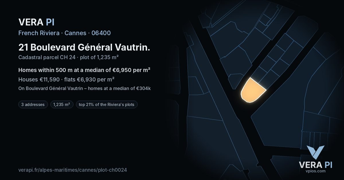 21 Boulevard Général Vautrin, Cannes at night – the plot lit, the parcels around coloured by the prices near them