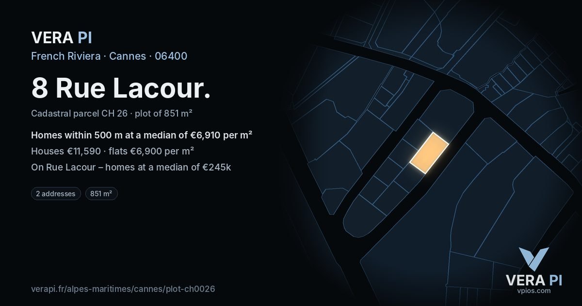 8 Rue Lacour, Cannes at night – the plot lit, the parcels around coloured by the prices near them