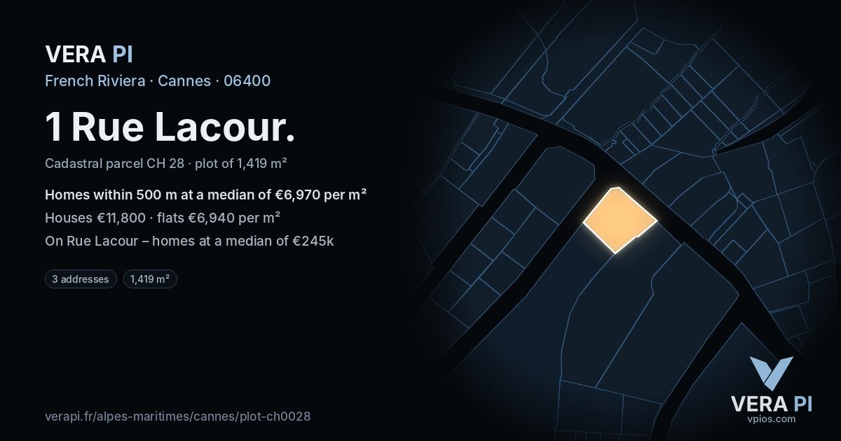 1 Rue Lacour, Cannes at night – the plot lit, the parcels around coloured by the prices near them