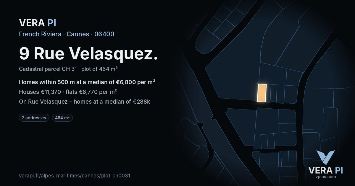 9 Rue Velasquez, Cannes at night – the plot lit, the parcels around coloured by the prices near them