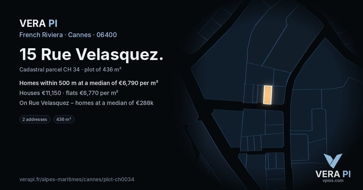 15 Rue Velasquez, Cannes at night – the plot lit, the parcels around coloured by the prices near them