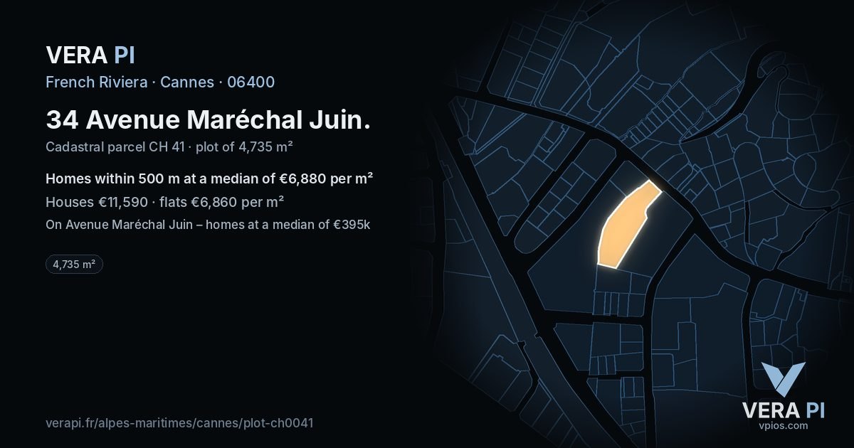 34 Avenue Maréchal Juin, Cannes at night – the plot lit, the parcels around coloured by the prices near them