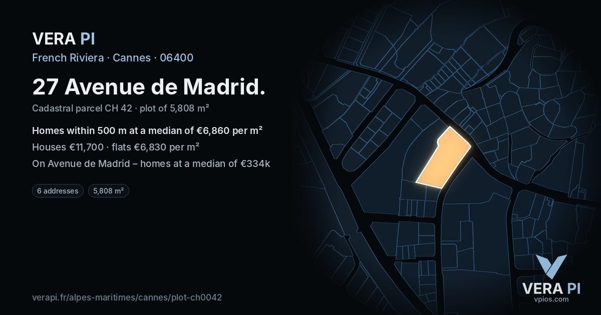 27 Avenue de Madrid, Cannes at night – the plot lit, the parcels around coloured by the prices near them