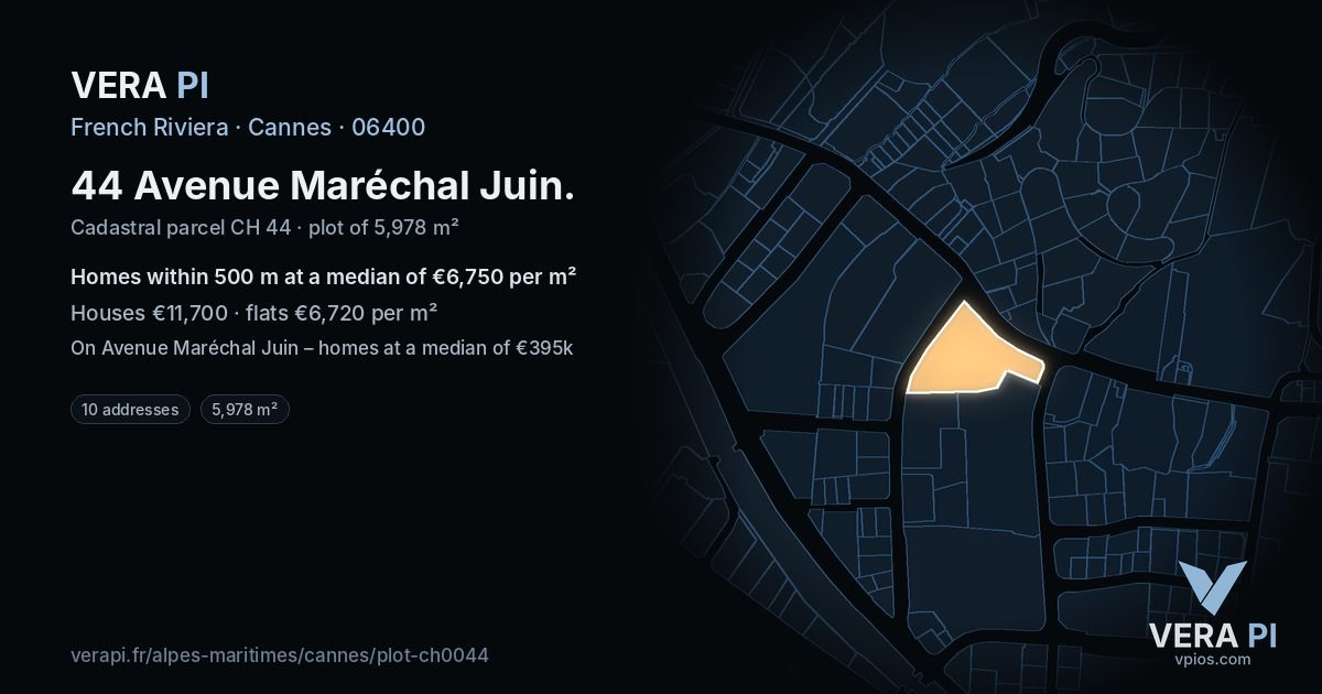 44 Avenue Maréchal Juin, Cannes at night – the plot lit, the parcels around coloured by the prices near them