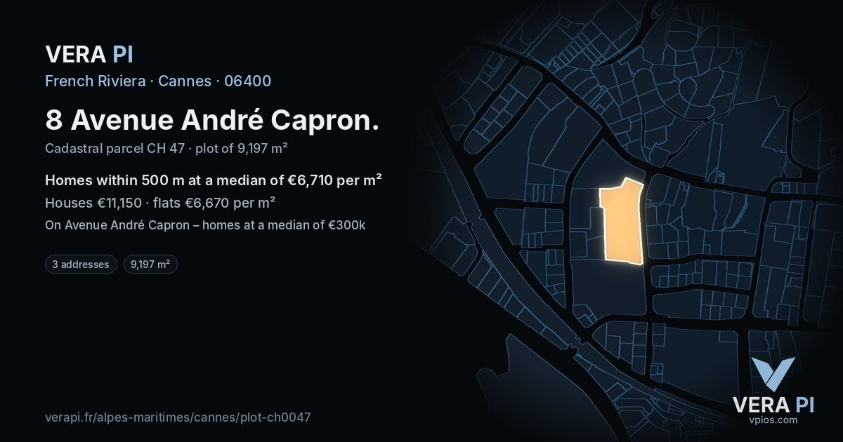 8 Avenue André Capron, Cannes at night – the plot lit, the parcels around coloured by the prices near them