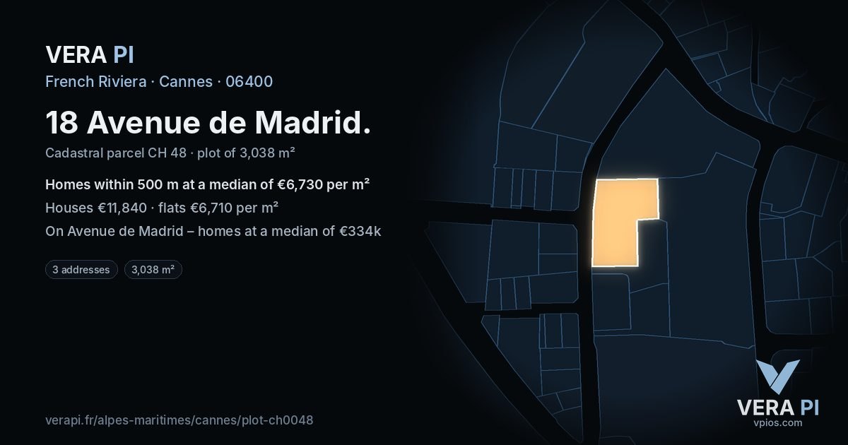 18 Avenue de Madrid, Cannes at night – the plot lit, the parcels around coloured by the prices near them