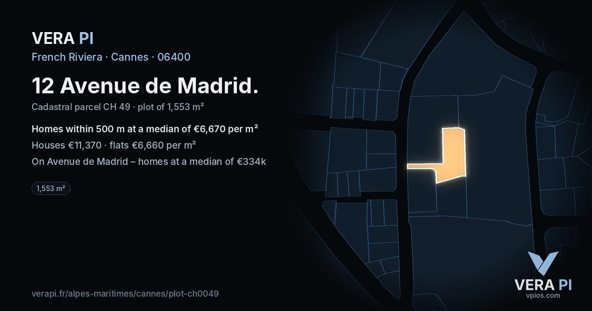 12 Avenue de Madrid, Cannes at night – the plot lit, the parcels around coloured by the prices near them