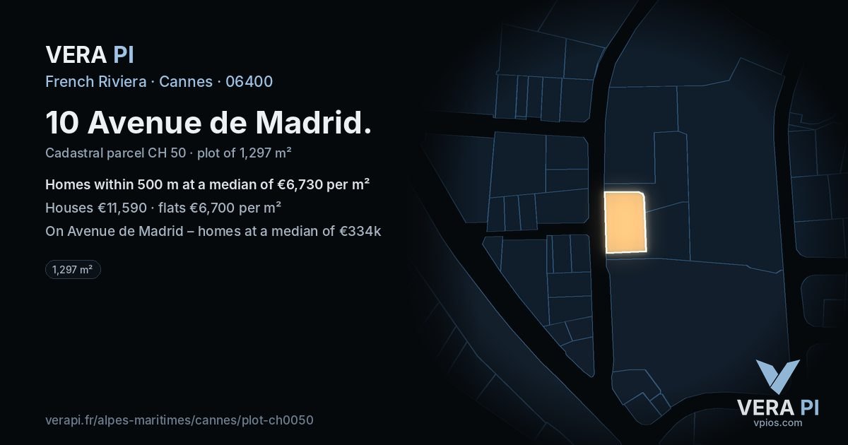 10 Avenue de Madrid, Cannes at night – the plot lit, the parcels around coloured by the prices near them