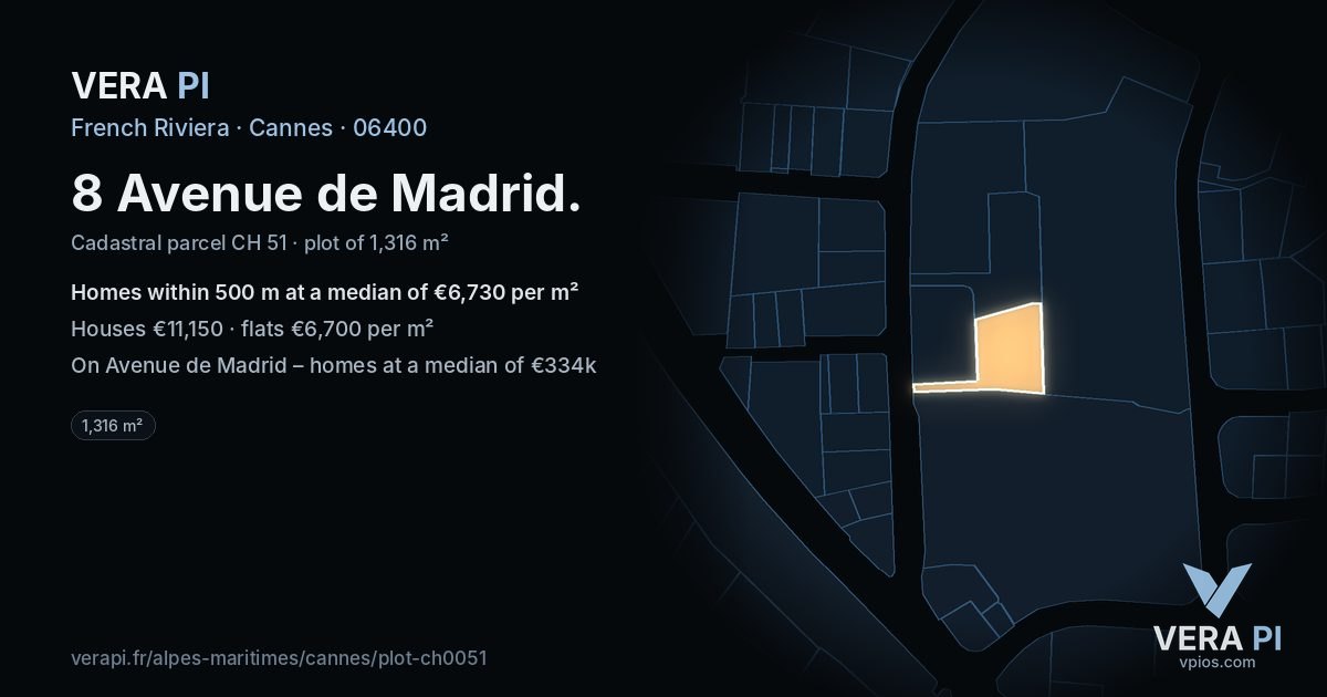 8 Avenue de Madrid, Cannes at night – the plot lit, the parcels around coloured by the prices near them
