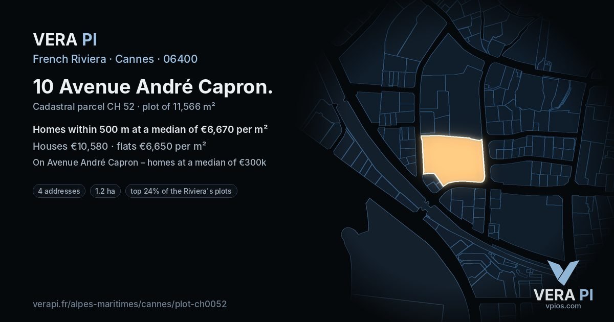 10 Avenue André Capron, Cannes at night – the plot lit, the parcels around coloured by the prices near them