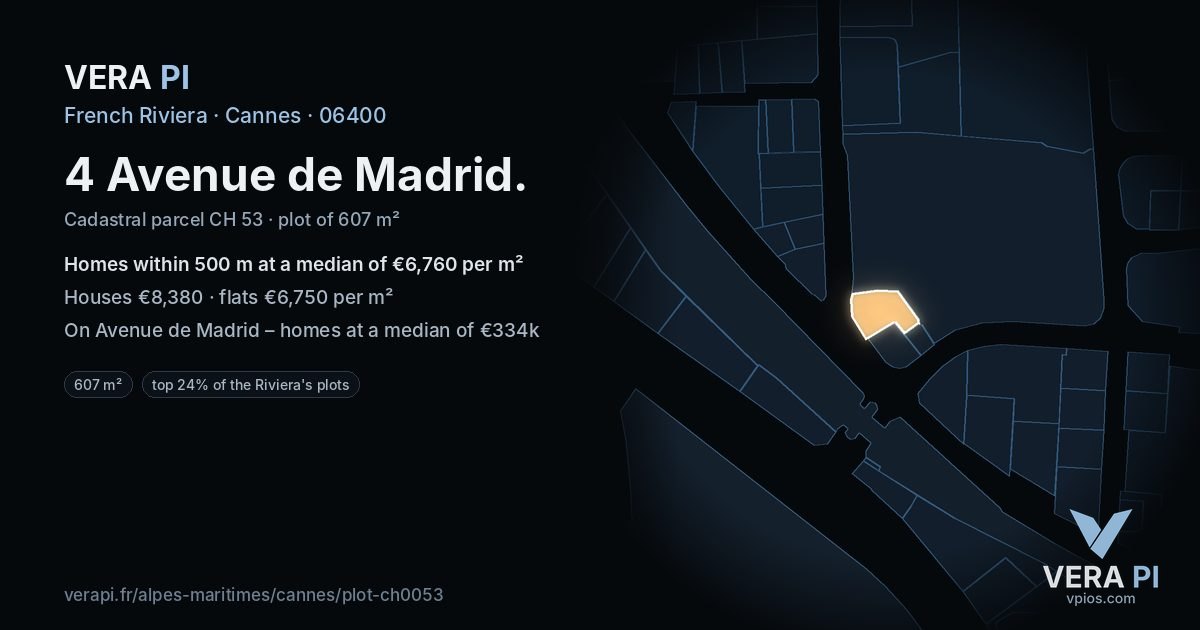 4 Avenue de Madrid, Cannes at night – the plot lit, the parcels around coloured by the prices near them